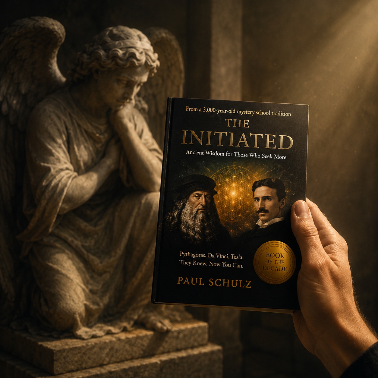 The Initiated — hardcover held in temple light